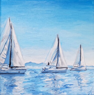 Pittura intitolato "Yachts painting. Sa…" da Aleksandra Kazantseva, Opera d'arte originale, Olio