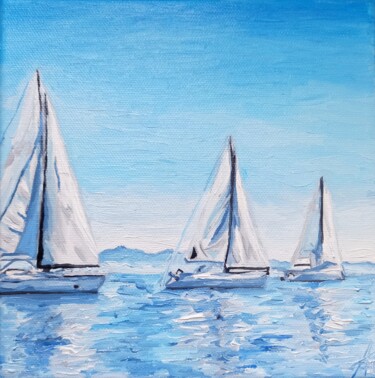 Ζωγραφική με τίτλο "Yachts painting. Sa…" από Aleksandra Kazantseva, Αυθεντικά έργα τέχνης, Λάδι