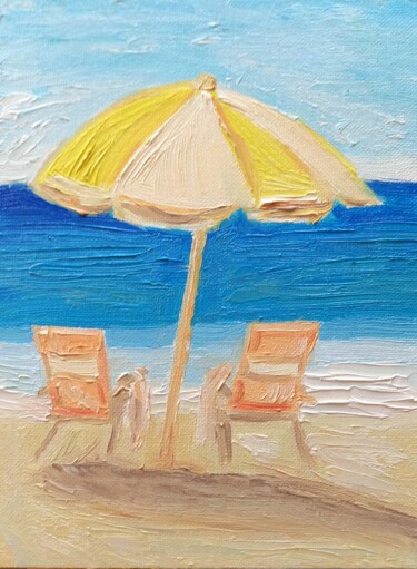 Pittura intitolato "Umbrella beach pain…" da Aleksandra Kazantseva, Opera d'arte originale, Olio Montato su Cartone