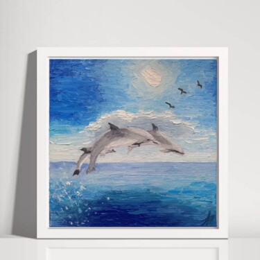Pittura intitolato "Dolphins painting.…" da Aleksandra Kazantseva, Opera d'arte originale, Olio Montato su Cartone