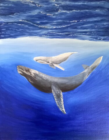 Painting titled "Whales painting. Oc…" by Aleksandra Kazantseva, Original Artwork, Oil Mounted on Cardboard