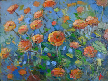 Painting titled "Orange flowers" by Aleksandra Manzha, Original Artwork, Oil Mounted on Cardboard