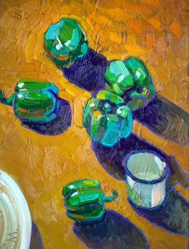 Painting titled "GREEN PEPPERS" by Aleksandra Manzha, Original Artwork, Oil Mounted on Wood Stretcher frame