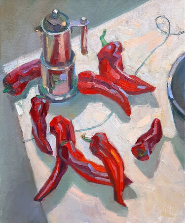 Painting titled "CHILI PEPPERS (Fest…" by Aleksandra Manzha, Original Artwork, Oil Mounted on Wood Stretcher frame