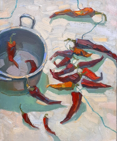 Painting titled "RED HOT CHILLI PEPP…" by Aleksandra Manzha, Original Artwork, Oil Mounted on Wood Stretcher frame