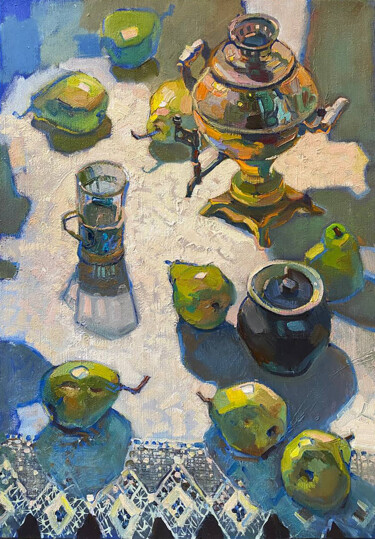 Pittura intitolato "PEAR-SHAPED. Tea ce…" da Aleksandra Manzha, Opera d'arte originale, Olio Montato su Telaio per barella i…