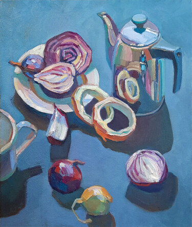 Painting titled "ONION RINGS" by Aleksandra Manzha, Original Artwork, Oil Mounted on Wood Stretcher frame