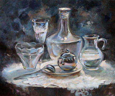 Painting titled "Old glass from the…" by Aleksandra Manzha, Original Artwork, Oil Mounted on Cardboard