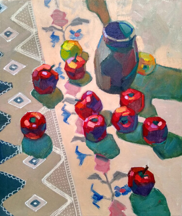 Картина под названием "Apples in sunny syr…" - Aleksandra Manzha, Подлинное произведение искусства, Масло Установлен на Дере…