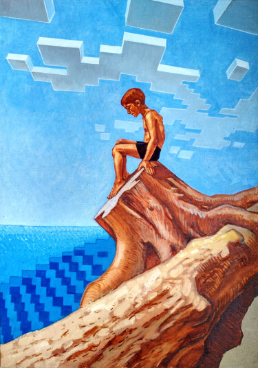 Painting titled "Sea Minecraft 1" by Aleksandra Manzha, Original Artwork, Oil Mounted on Wood Stretcher frame