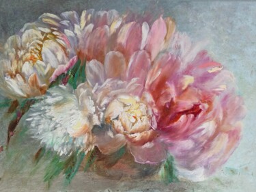 Painting titled "White and pink peon…" by Aleksandra Portenko, Original Artwork, Oil