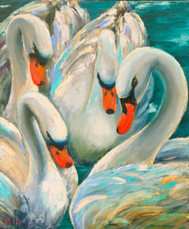 Schilderij getiteld "Лебеди" door Aleksandra Sahtorina, Origineel Kunstwerk, Olie