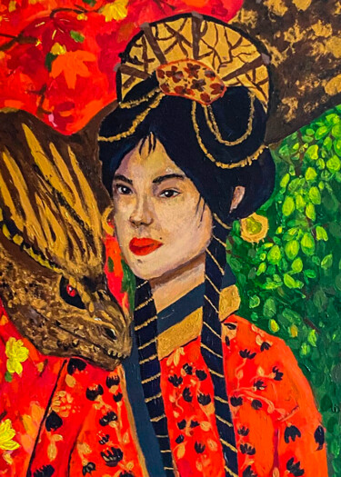 Картина под названием "Девушка и дракон" - Александра Сашина, Подлинное произведение искусства, Акрил