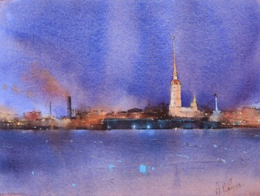 Painting titled "Night on the Nabere…" by Aleksandra Savina, Original Artwork, Watercolor