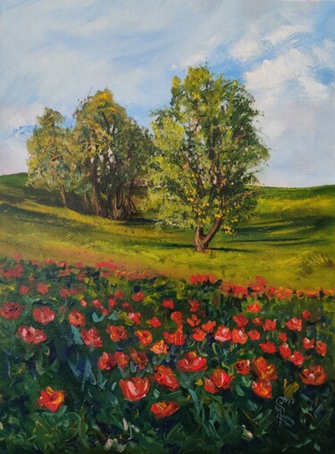 Картина под названием "Poppy field" - Aleksandra Svetlichnaya, Подлинное произведение искусства, Масло