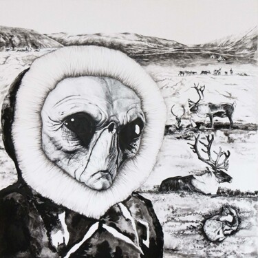 Peinture intitulée "Voyager.Tundra" par Aleksandra Voronovskaia (Vorona), Œuvre d'art originale, Encre Monté sur Châssis en…