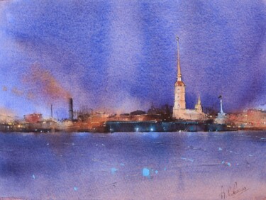 Malerei mit dem Titel "Night on the Nabere…" von Aleksandra Zhdanova, Original-Kunstwerk, Aquarell