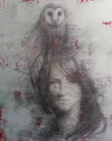 Painting titled "Girl with an owl" by Sasha Tsyganov, Original Artwork, Oil