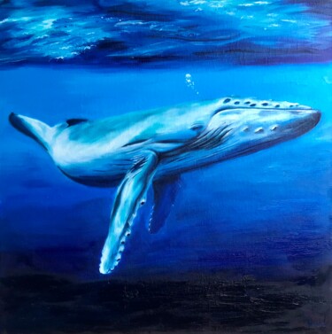 Peinture intitulée "Baleine dans la mer…" par Aleksei Kedr, Œuvre d'art originale, Huile