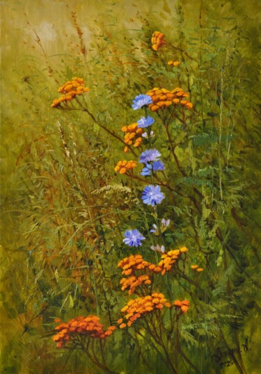 Картина под названием "Солнышки в траве" - Алексей Аникин, Подлинное произведение искусства, Масло Установлен на Деревянная…