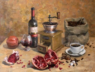 Картина под названием "Натюрморт с кофе и…" - Aleksey Korabelnikov, Подлинное произведение искусства, Масло