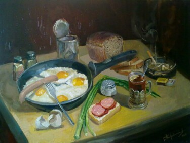 Peinture intitulée "Холостяцкий завтрак" par Aleksey Korabelnikov, Œuvre d'art originale, Huile