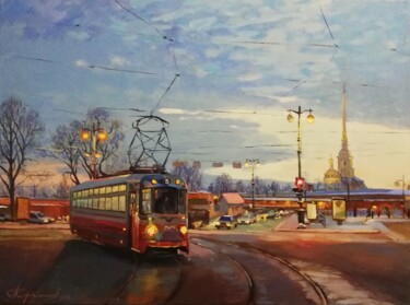 Schilderij getiteld "Вечерний трамвай на…" door Aleksey Korabelnikov, Origineel Kunstwerk, Tempera