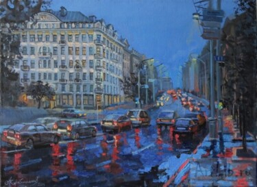 Картина под названием "Дождливый минский в…" - Aleksey Korabelnikov, Подлинное произведение искусства, Масло