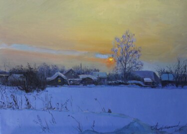 Картина под названием "Зимний деревенский…" - Aleksey Korabelnikov, Подлинное произведение искусства, Масло