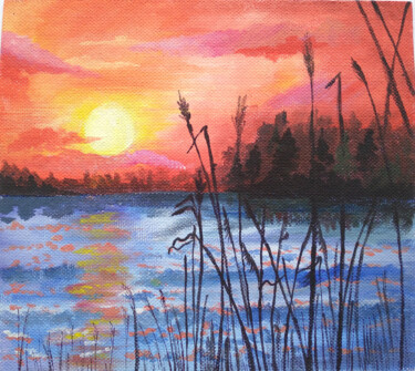 Картина под названием "Закат на озере в ка…" - Алена Боксорн, Подлинное произведение искусства, Акрил Установлен на Деревянн…