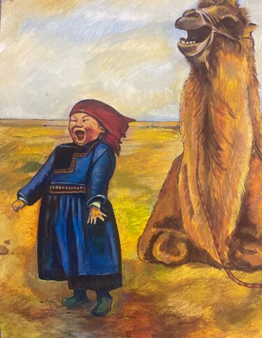 Malerei mit dem Titel "Девочка с верблюдом" von Alena Darvish, Original-Kunstwerk, Acryl