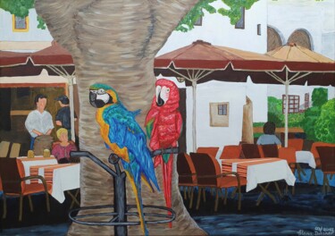 Malerei mit dem Titel "Zwei wartende Papag…" von Alena Drisner, Original-Kunstwerk, Acryl