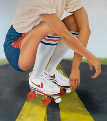 Peinture intitulée "girl roller" par Alena Fisak, Œuvre d'art originale, Huile Monté sur Châssis en bois