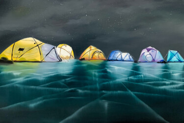 Painting titled "tents on ice" by Alena Fisak, Original Artwork, Oil Mounted on Wood Stretcher frame