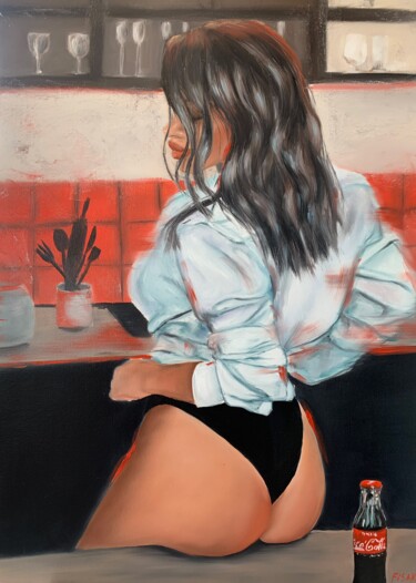 Painting titled "girl in the kitchen" by Alena Fisak, Original Artwork, Oil Mounted on Wood Stretcher frame