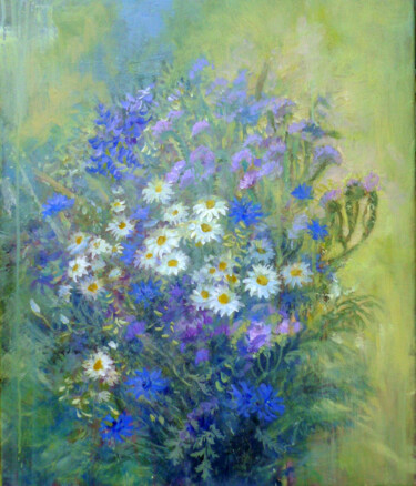 Painting titled "Wildflowers in blue" by Alena Masterkova, Original Artwork, Acrylic Mounted on Wood Stretcher frame