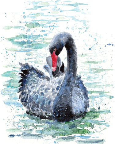 Schilderij getiteld "Black swan" door Alena Masterkova, Origineel Kunstwerk, Aquarel