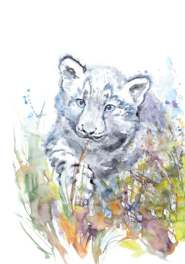 Painting titled "Baby Snow leopard" by Alena Masterkova, Original Artwork, Watercolor