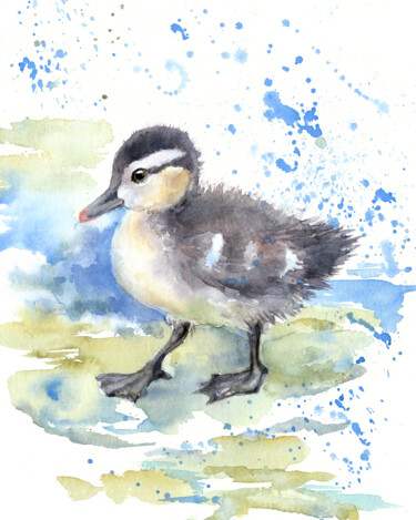 Картина под названием "Duckling 2" - Alena Masterkova, Подлинное произведение искусства, Акварель