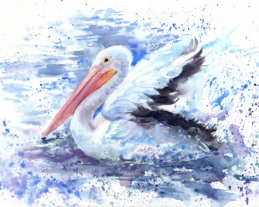 Картина под названием "Pelican in splashin…" - Alena Masterkova, Подлинное произведение искусства, Акварель