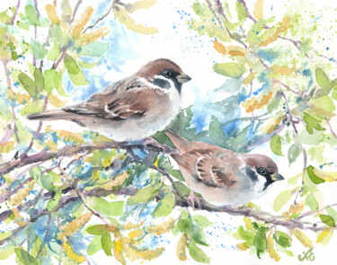 Pittura intitolato "Sparrows in blue" da Alena Masterkova, Opera d'arte originale, Acquarello
