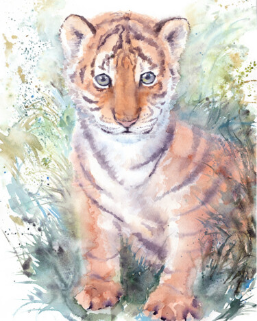 Painting titled "Tiger cub in the gr…" by Alena Masterkova, Original Artwork, Watercolor