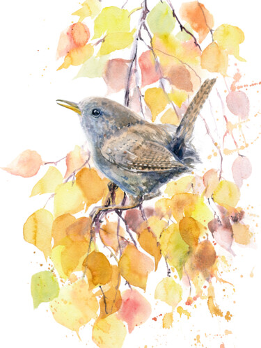 Картина под названием "Wren on autumn bran…" - Alena Masterkova, Подлинное произведение искусства, Акварель