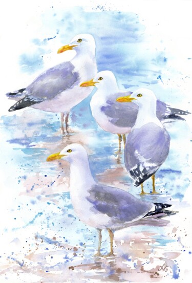 Painting titled "Blue-gray gulls" by Alena Masterkova, Original Artwork, Watercolor