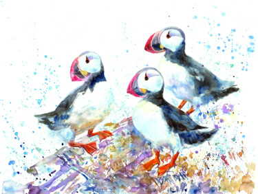 Malerei mit dem Titel "Atlantic puffins" von Alena Masterkova, Original-Kunstwerk, Aquarell