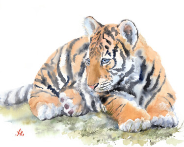 Painting titled "Tiger cub lying on…" by Alena Masterkova, Original Artwork, Watercolor