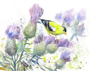 Painting titled "Goldfinch and thist…" by Alena Masterkova, Original Artwork, Watercolor