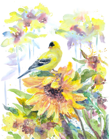 Painting titled "Gold Finch on sunfl…" by Alena Masterkova, Original Artwork, Watercolor