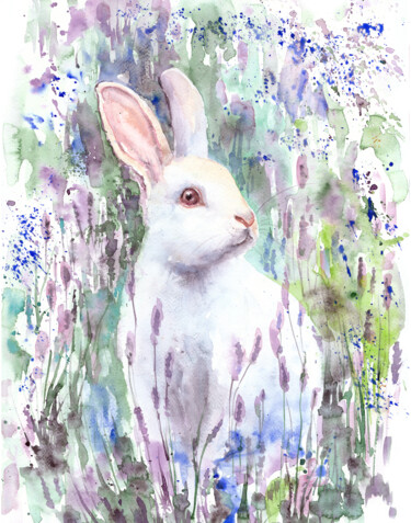 Картина под названием "White Rabbit in lav…" - Alena Masterkova, Подлинное произведение искусства, Акварель