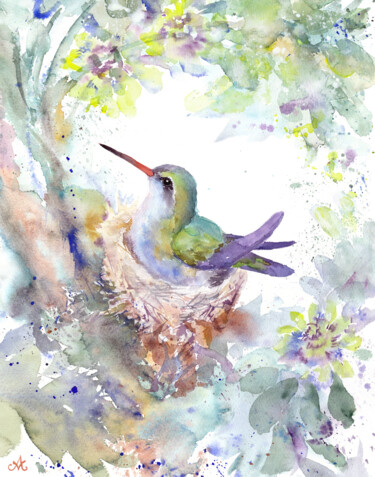 Pittura intitolato "Hummingbird in the…" da Alena Masterkova, Opera d'arte originale, Acquarello